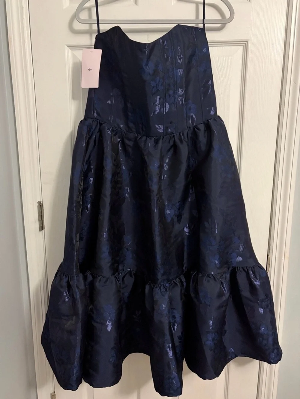V. Chapman Strapless Navy Floral brocade  Midi with Flounce and Side Slit